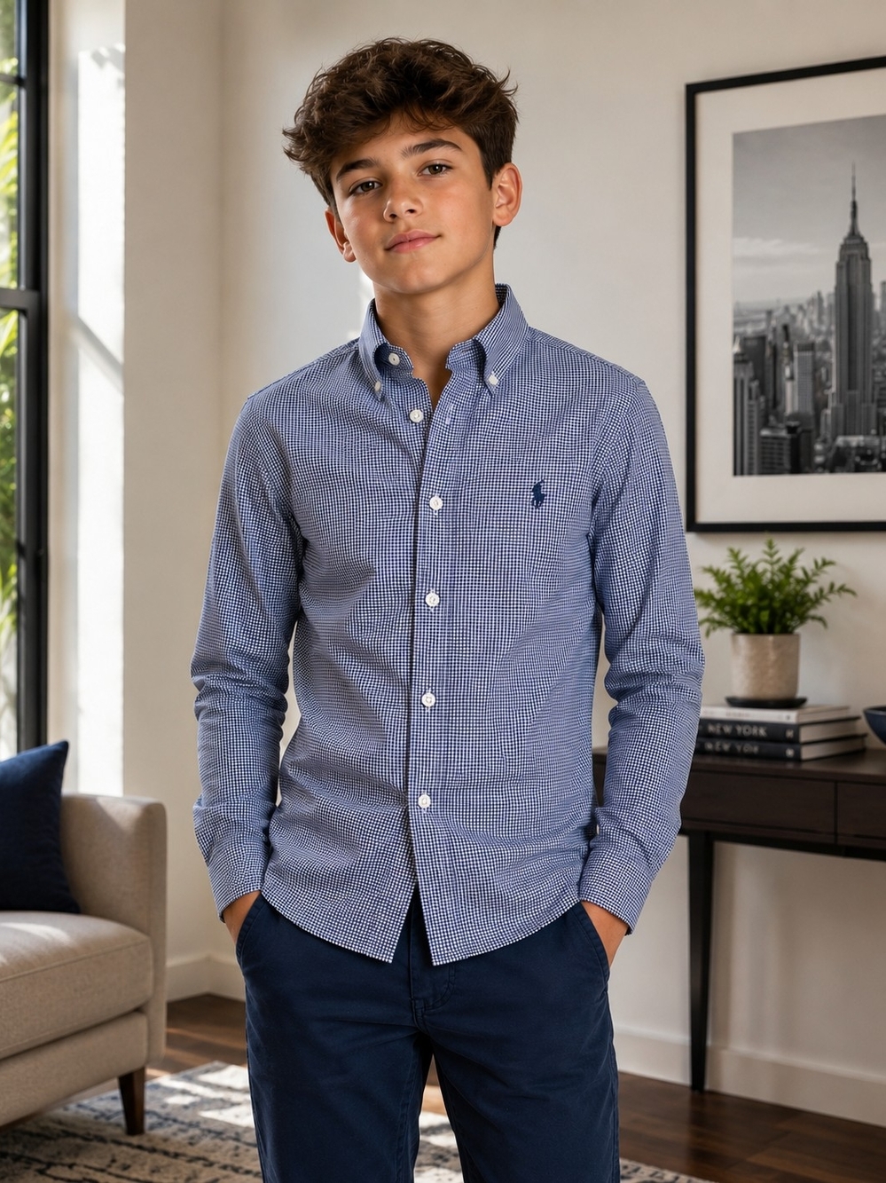 Lauren Ralph Lauren Boys Size 16 Blue White Gingham Button Down Shirt